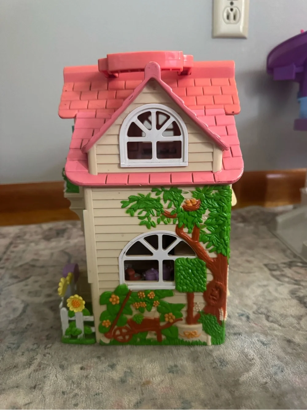 Fisher-Price Vintage Toy House with Pink Roof and Teal Shutters